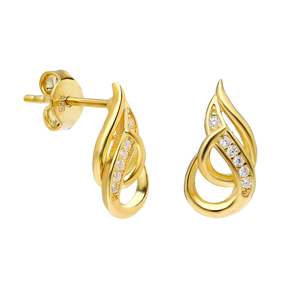 Zirkon Taşlı Alev Tasarım Gold Renk 925 Ayar Gümüş Küpe - 3