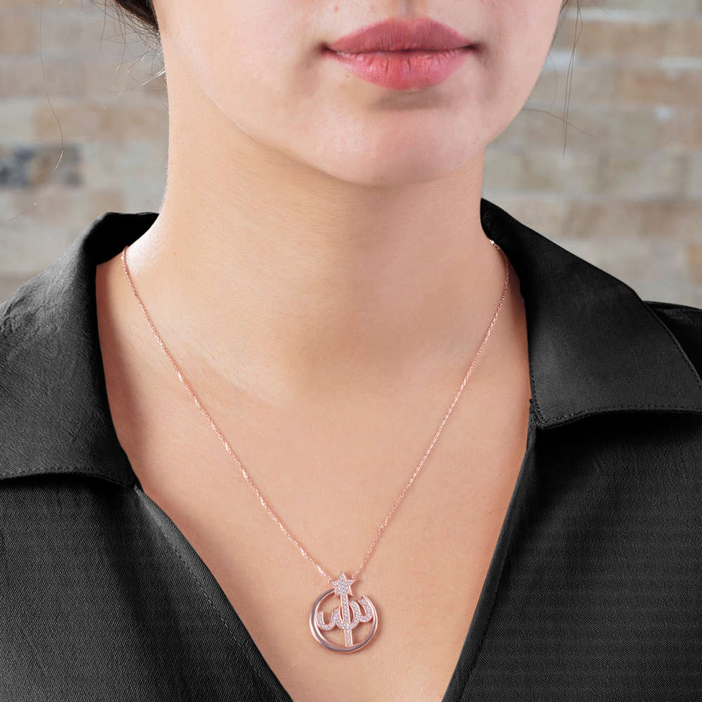 Zirkon Taşlı Arapça Allah Yazılı 925 Ayar Gümüş Bayan Kolye - 2