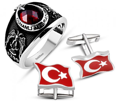 Zirkon Taşlı Ayyıldız Gümüş Yüzük ve Gümüş kol Düğmesi Kombini - Tesbihane