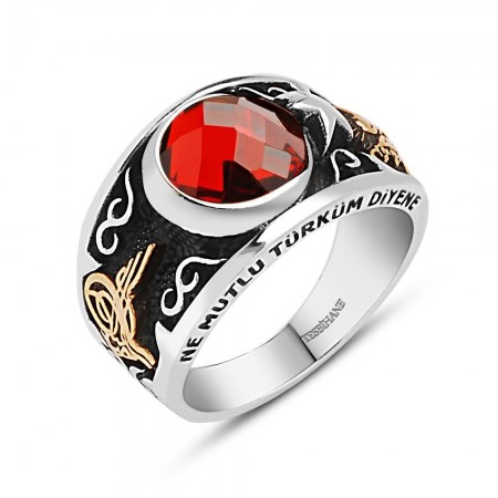 Zirkon Taşlı Ayyıldız Motifli 925 Ayar Gümüş Erkek Yüzük - Tesbihane