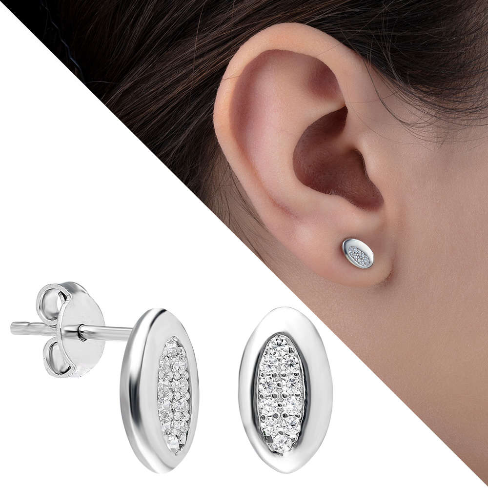 Zirkon Taşlı Bakla Tasarım 925 Ayar Gümüş Küpe - 1