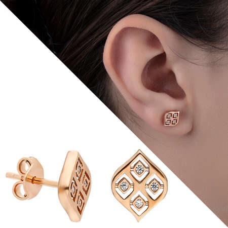 Zirkon Taşlı Baklava Tasarım Altın Renk 925 Ayar Gümüş Küpe - Tesbihane