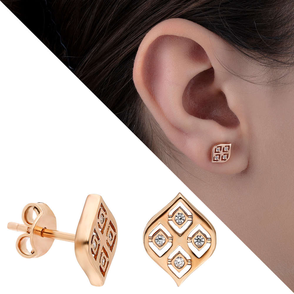 Zirkon Taşlı Baklava Tasarım Altın Renk 925 Ayar Gümüş Küpe - 1