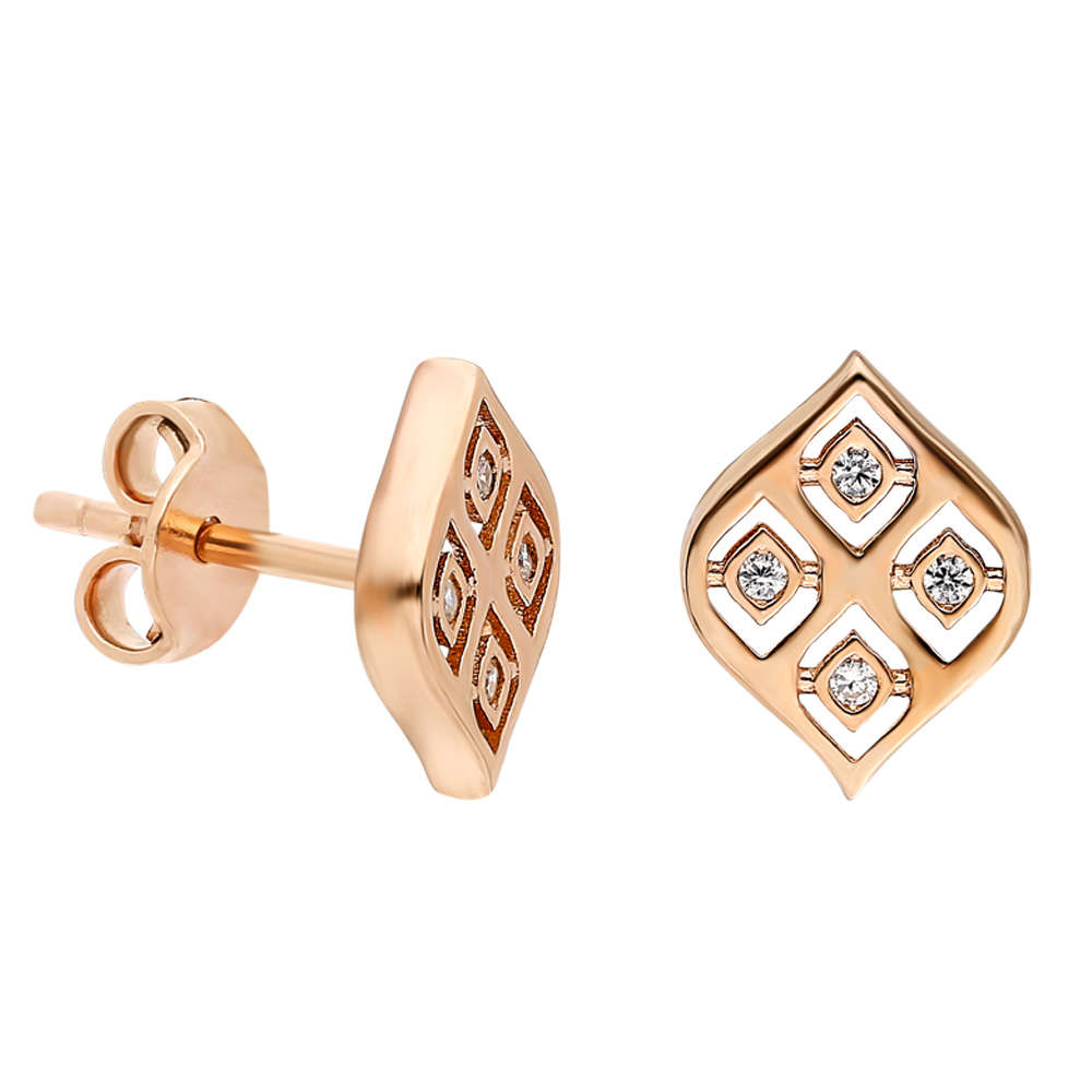 Zirkon Taşlı Baklava Tasarım Altın Renk 925 Ayar Gümüş Küpe - 3