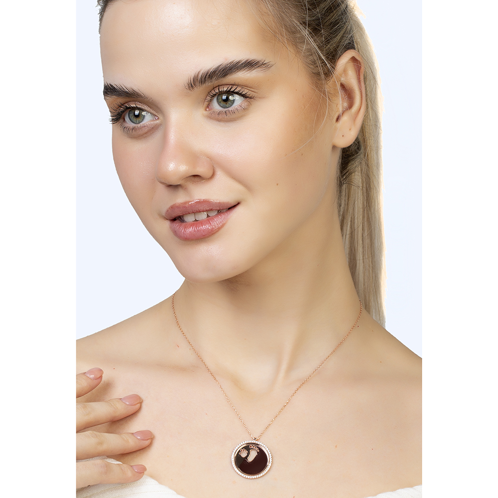 Zirkon Taşlı Bebek El Ayak Detaylı Rose Renk İsme Özel Veya Harf Yazılı 925 Ayar Gümüş Kadın Kolye - 2