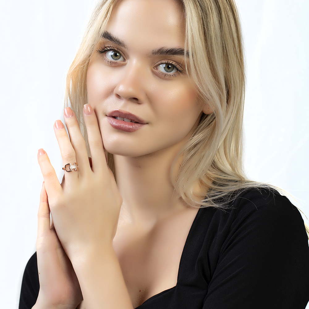 Zirkon Taşlı Zarif Tasarım Rose Renk Ayarlanabilir Ölçü 925 Ayar Gümüş Kadın Yüzük - 3