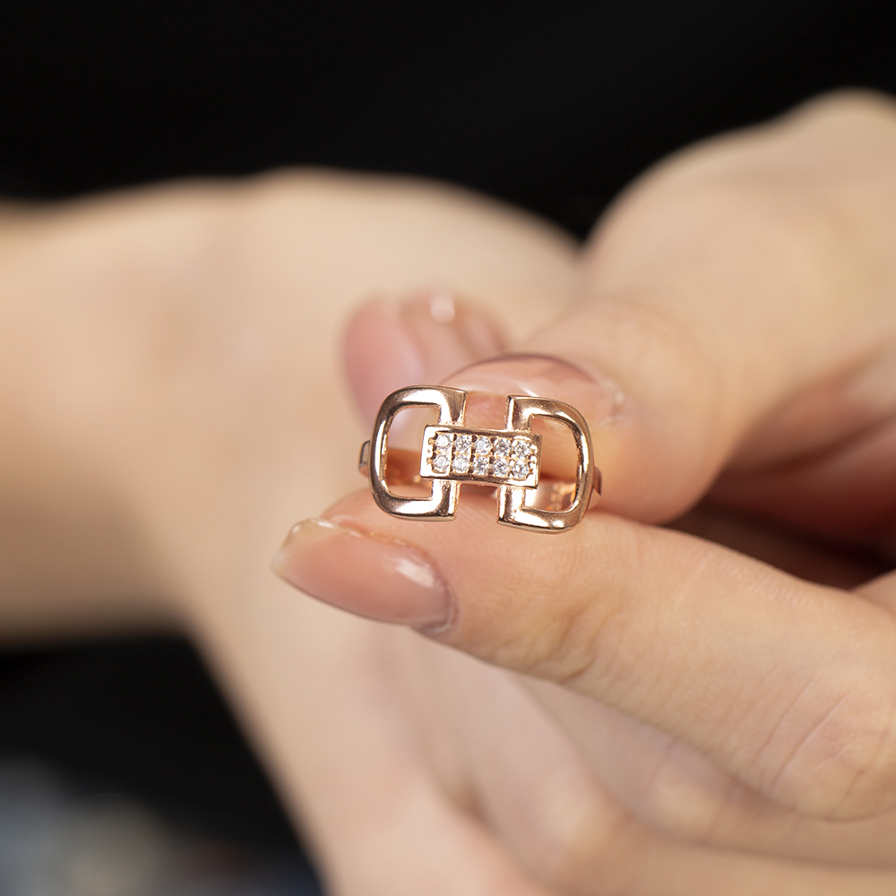 Zirkon Taşlı Zarif Tasarım Rose Renk Ayarlanabilir Ölçü 925 Ayar Gümüş Kadın Yüzük - 2