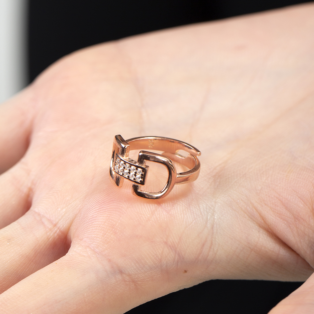 Zirkon Taşlı Zarif Tasarım Rose Renk Ayarlanabilir Ölçü 925 Ayar Gümüş Kadın Yüzük - 5