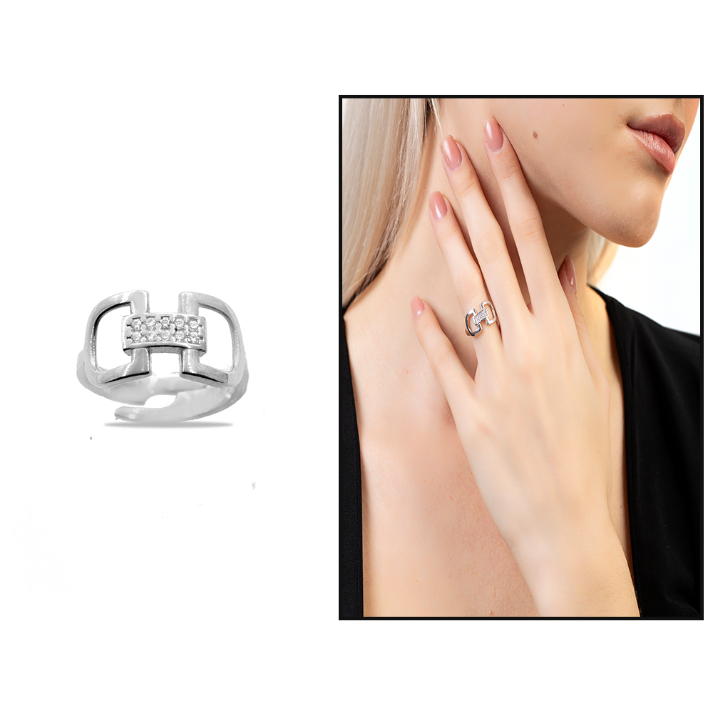 Zirkon Taşlı Zarif Tasarım Gümüş Renk Ayarlanabilir Ölçü 925 Ayar Gümüş Kadın Yüzük - 1