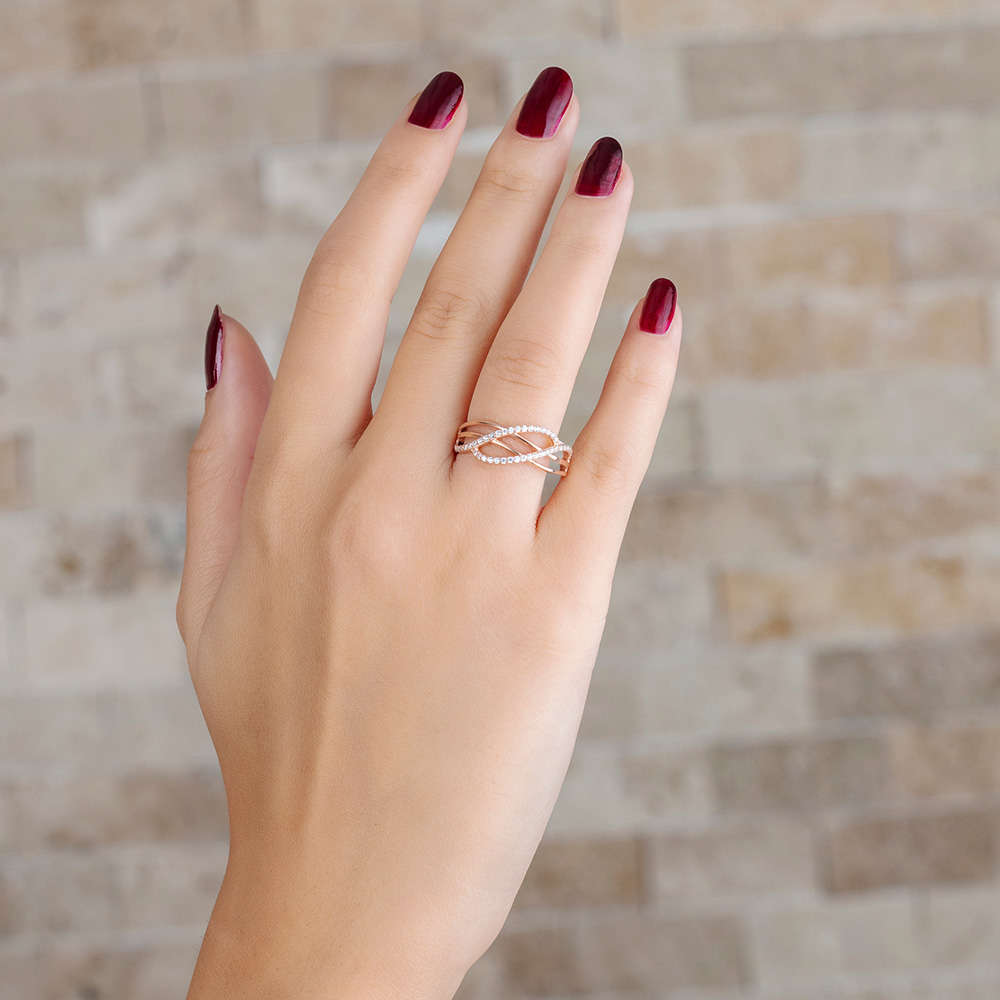 Zirkon Taşlı Cats Eye Rose Renk 925 Ayar Gümüş Bayan Yüzük - 3