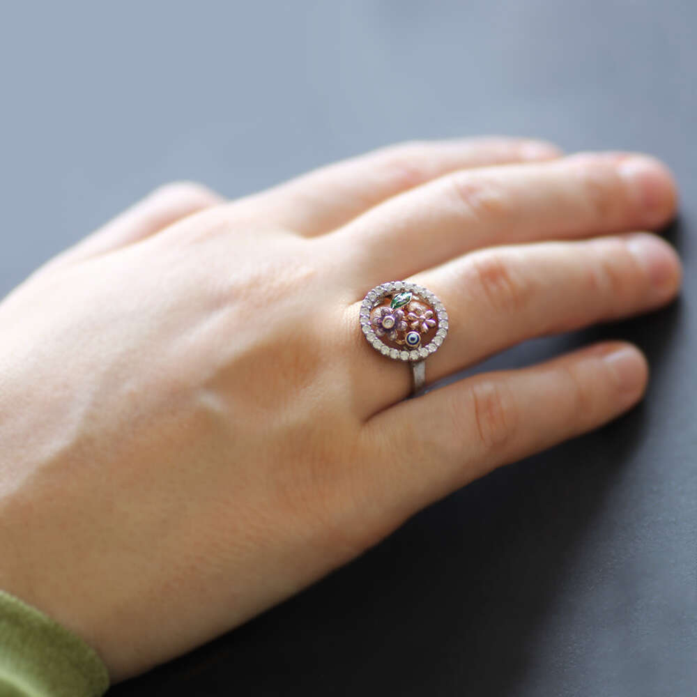 Zirkon Taşlı Çiçek Bahçesi Tasarım 925 Ayar Gümüş Bayan Yüzük - 1