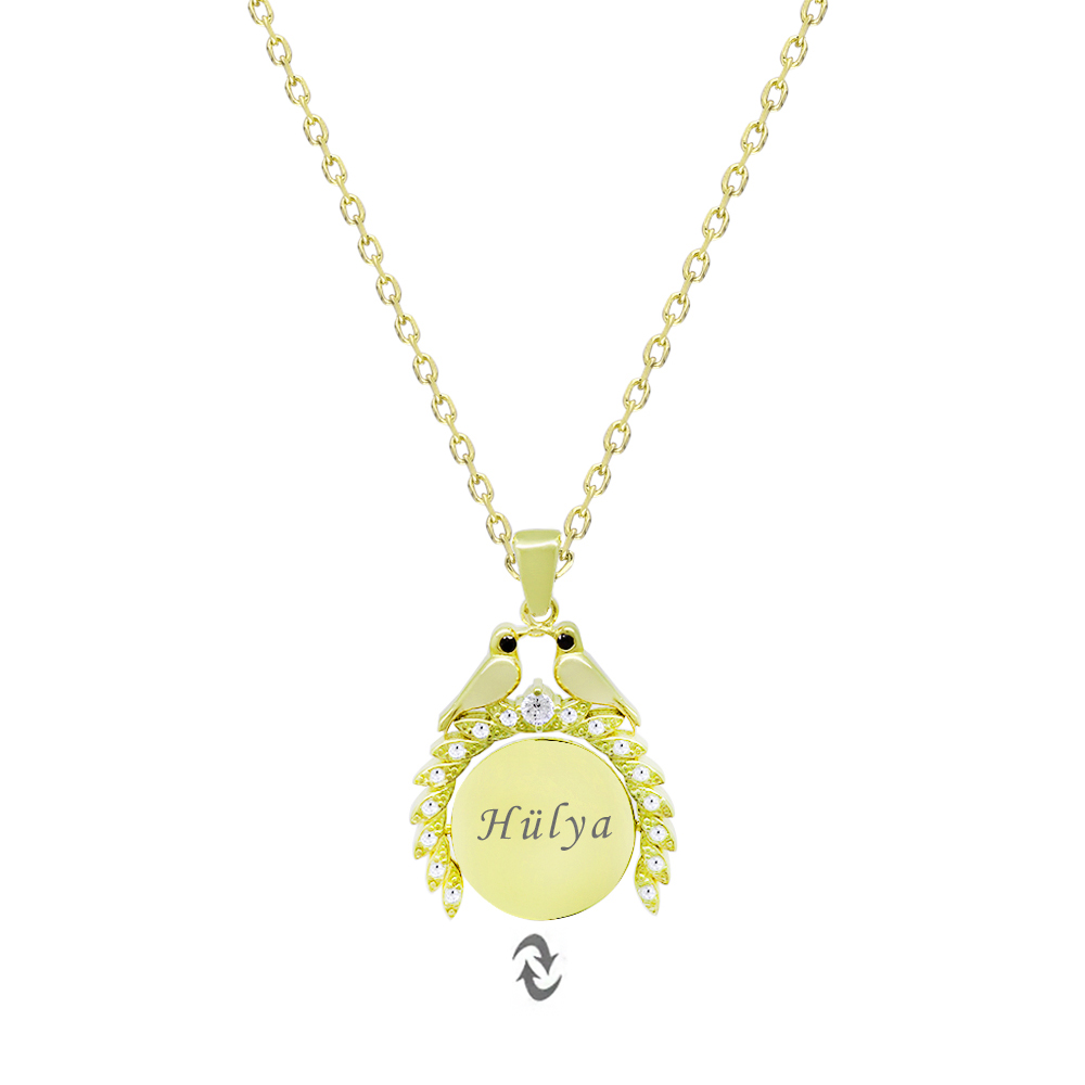 Zirkon Taşlı Çifte Kumrular Temalı İsme Özel Veya Harf Yazılı Altın Renk 925 Ayar Gümüş Kadın Kolye - 2