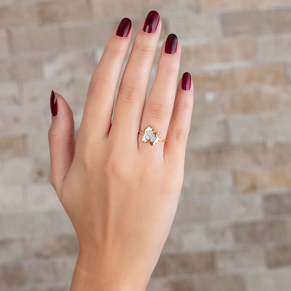 Zirkon Taşlı Çınar Yaprağı Tasarım Altın Renk 925 Ayar Gümüş Bayan Yüzük - 3