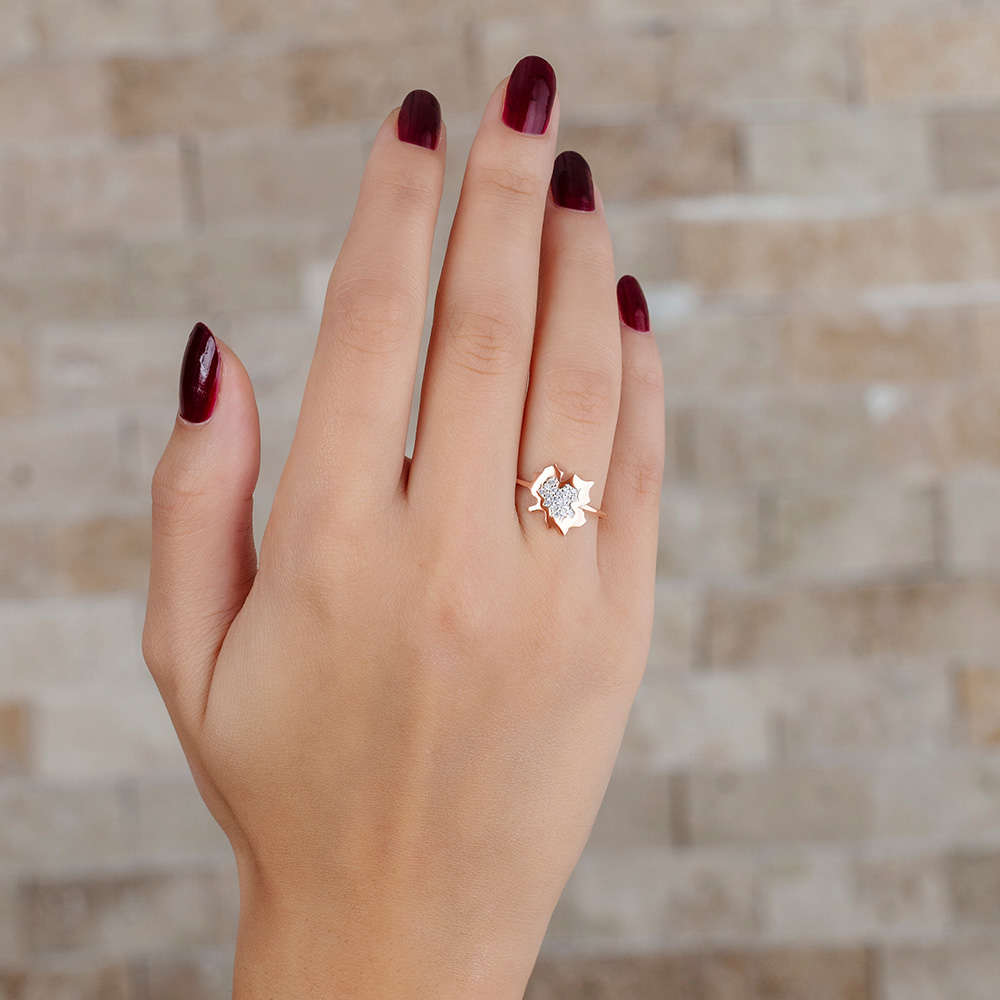 Zirkon Taşlı Çınar Yaprağı Tasarım Rose Renk 925 Ayar Gümüş Bayan Yüzük - 3