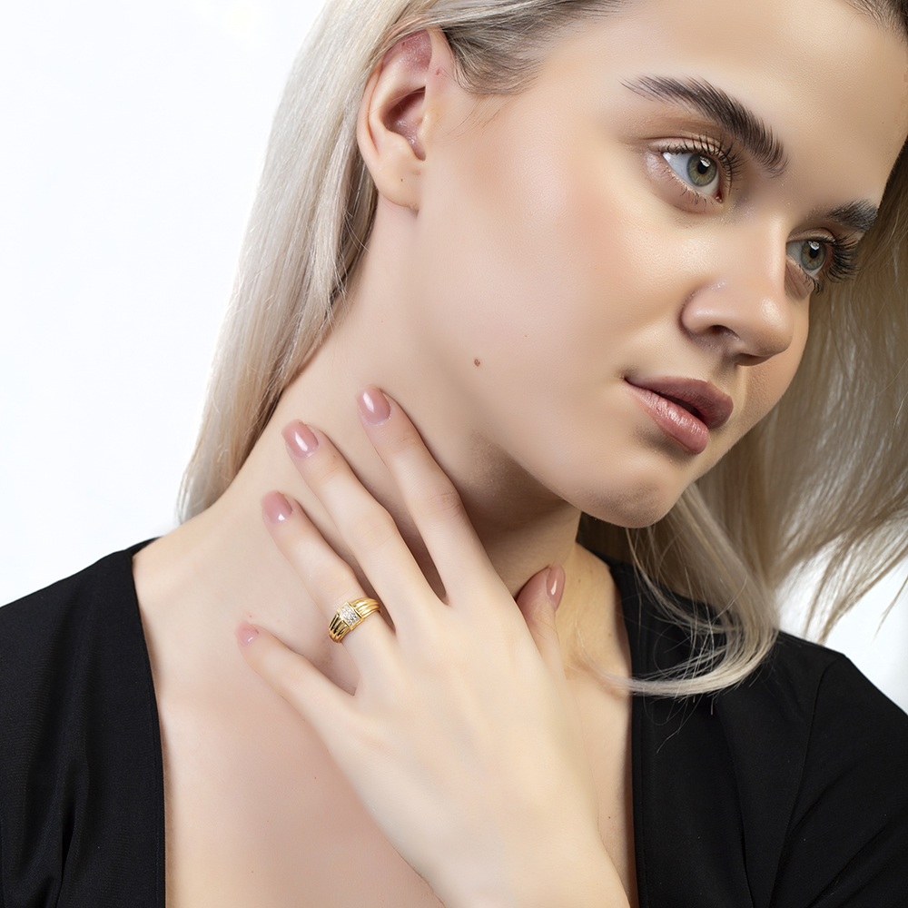 Zirkon Taşlı Dikdörtgen Detaylı Altın Renk Ayarlanabilir Ölçü 925 Ayar Gümüş Kadın Yüzük - 2