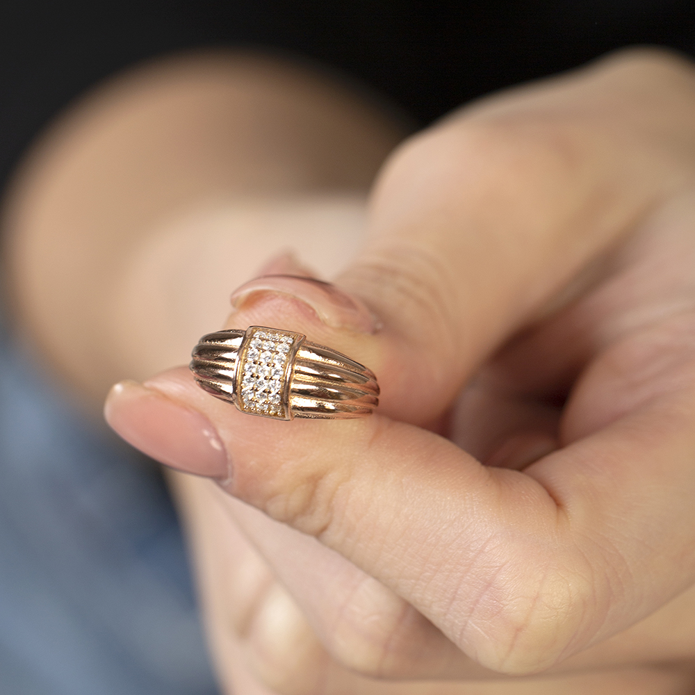 Zirkon Taşlı Dikdörtgen Detaylı Rose Renk Ayarlanabilir Ölçü 925 Ayar Gümüş Kadın Yüzük - 2