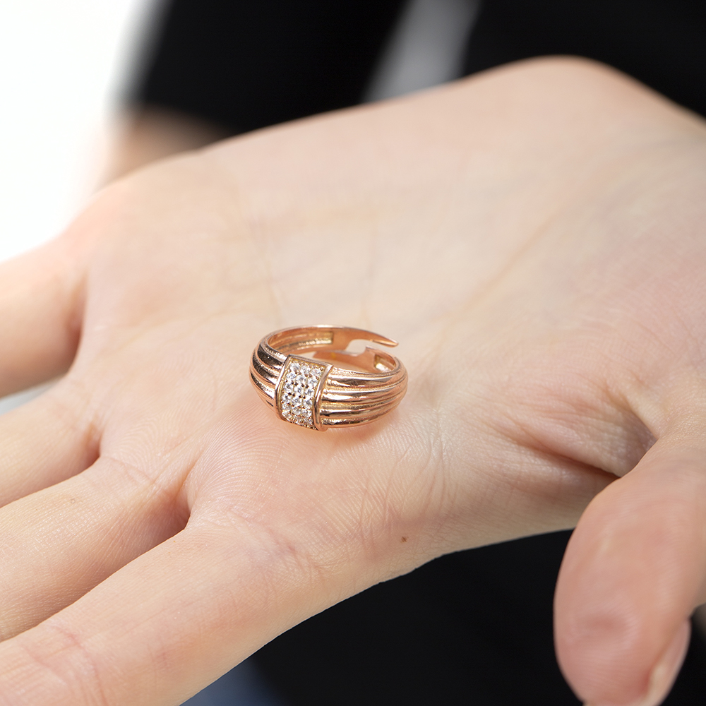 Zirkon Taşlı Dikdörtgen Detaylı Rose Renk Ayarlanabilir Ölçü 925 Ayar Gümüş Kadın Yüzük - 5