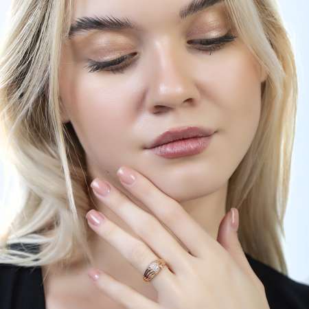 Zirkon Taşlı Dikdörtgen Detaylı Rose Renk Ayarlanabilir Ölçü 925 Ayar Gümüş Kadın Yüzük - Tesbihane