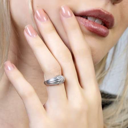 Zirkon Taşlı Dikdörtgen Detaylı Gümüş Renk Ayarlanabilir Ölçü 925 Ayar Gümüş Kadın Yüzük - Tesbihane