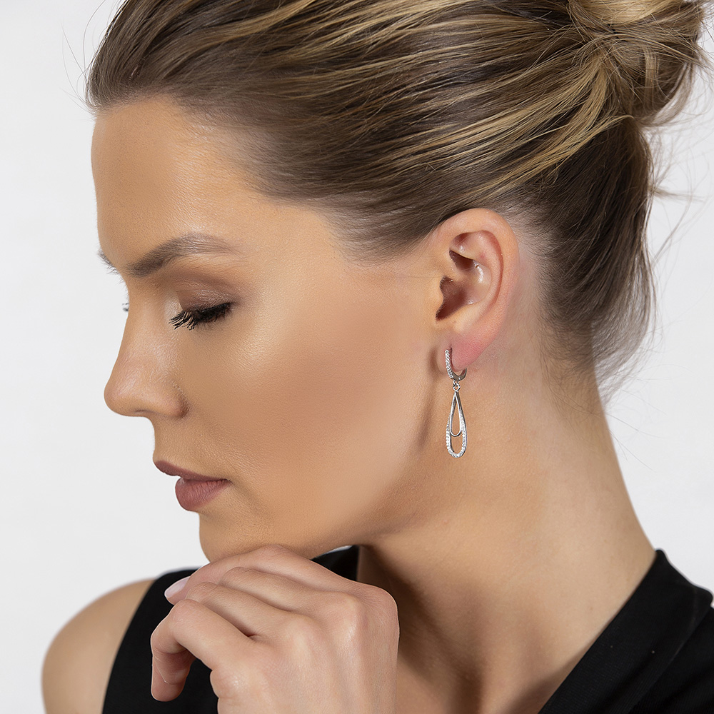 Zirkon Taşlı Elips Tasarım 925 Ayar Gümüş Kadın Küpe - 4