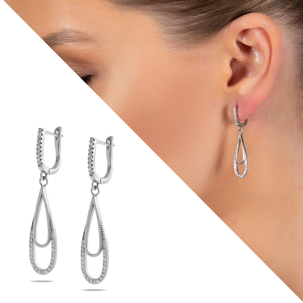 Zirkon Taşlı Elips Tasarım 925 Ayar Gümüş Kadın Küpe - 1