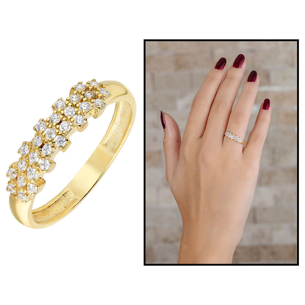 Zirkon Taşlı Flower Tasarım Gold Renk 925 Ayar Gümüş Bayan Yüzük - 1