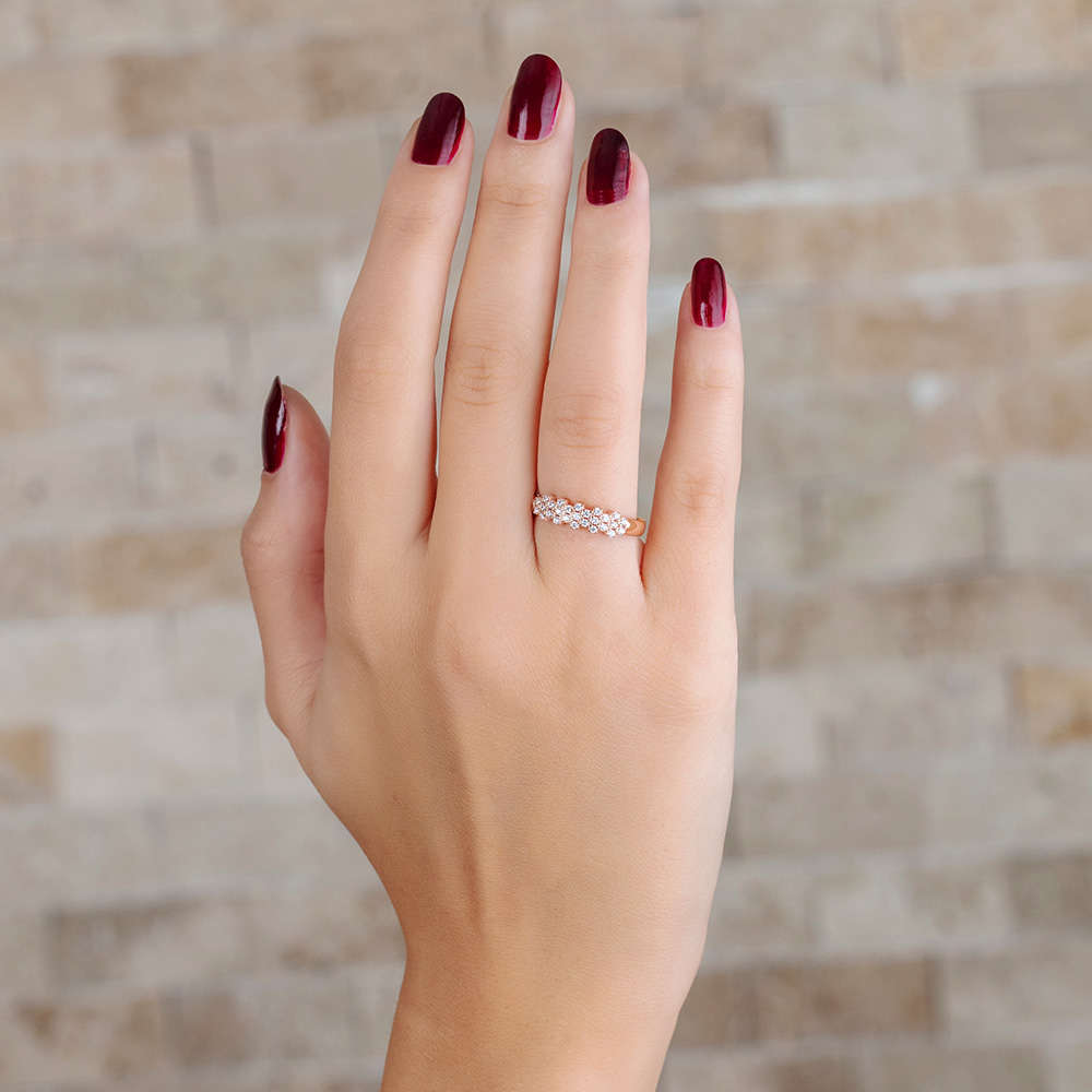 Zirkon Taşlı Flower Tasarım Rose Renk 925 Ayar Gümüş Bayan Yüzük - 3