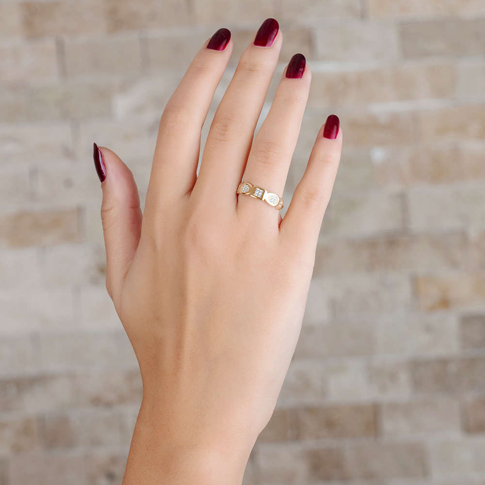 Zirkon Taşlı Geometrik Tasarım Altın Renk 925 Ayar Gümüş Bayan Yüzük - 3