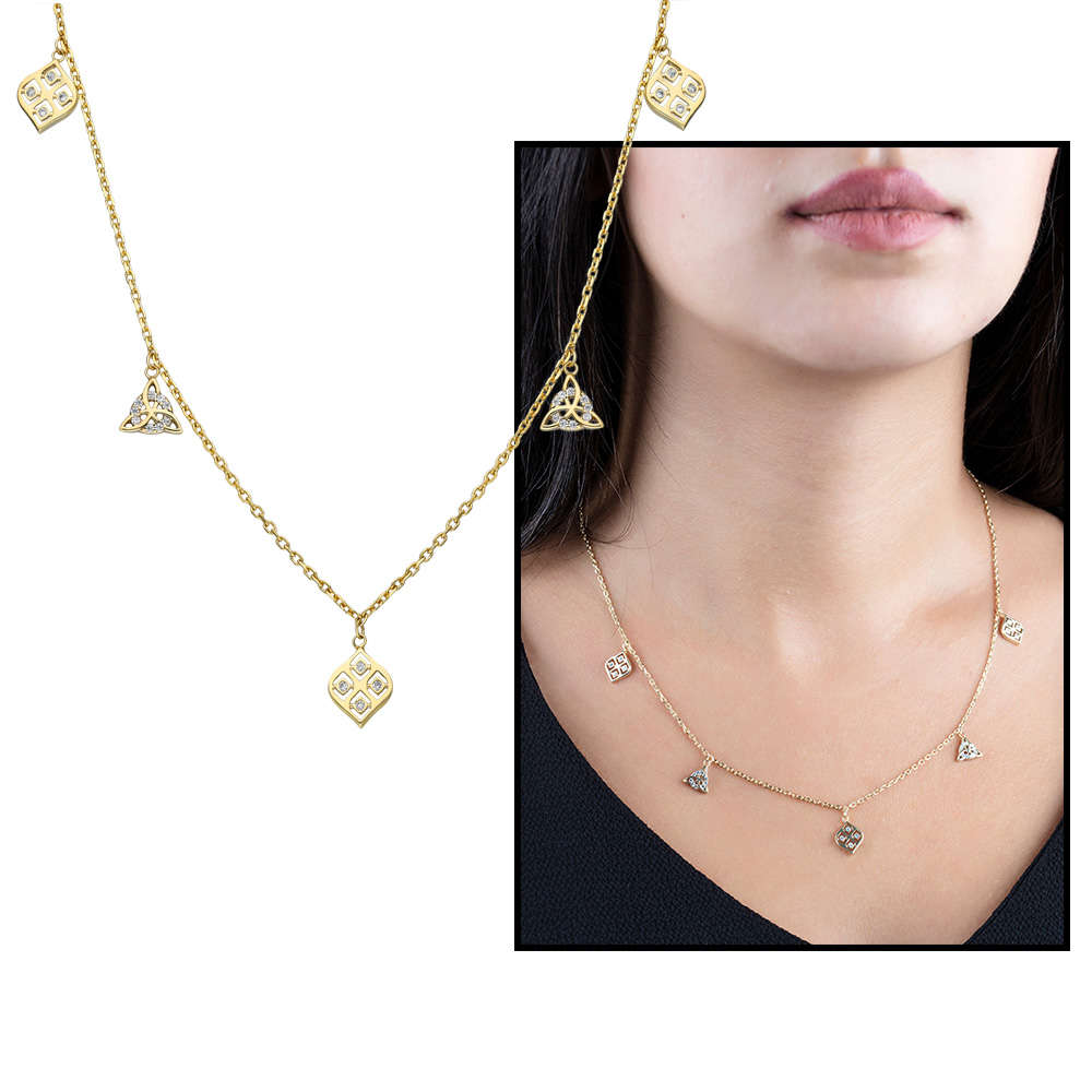 Zirkon Taşlı Geometrik Tasarım Altın Renk 925 Ayar Gümüş Şans Kolyesi - 1