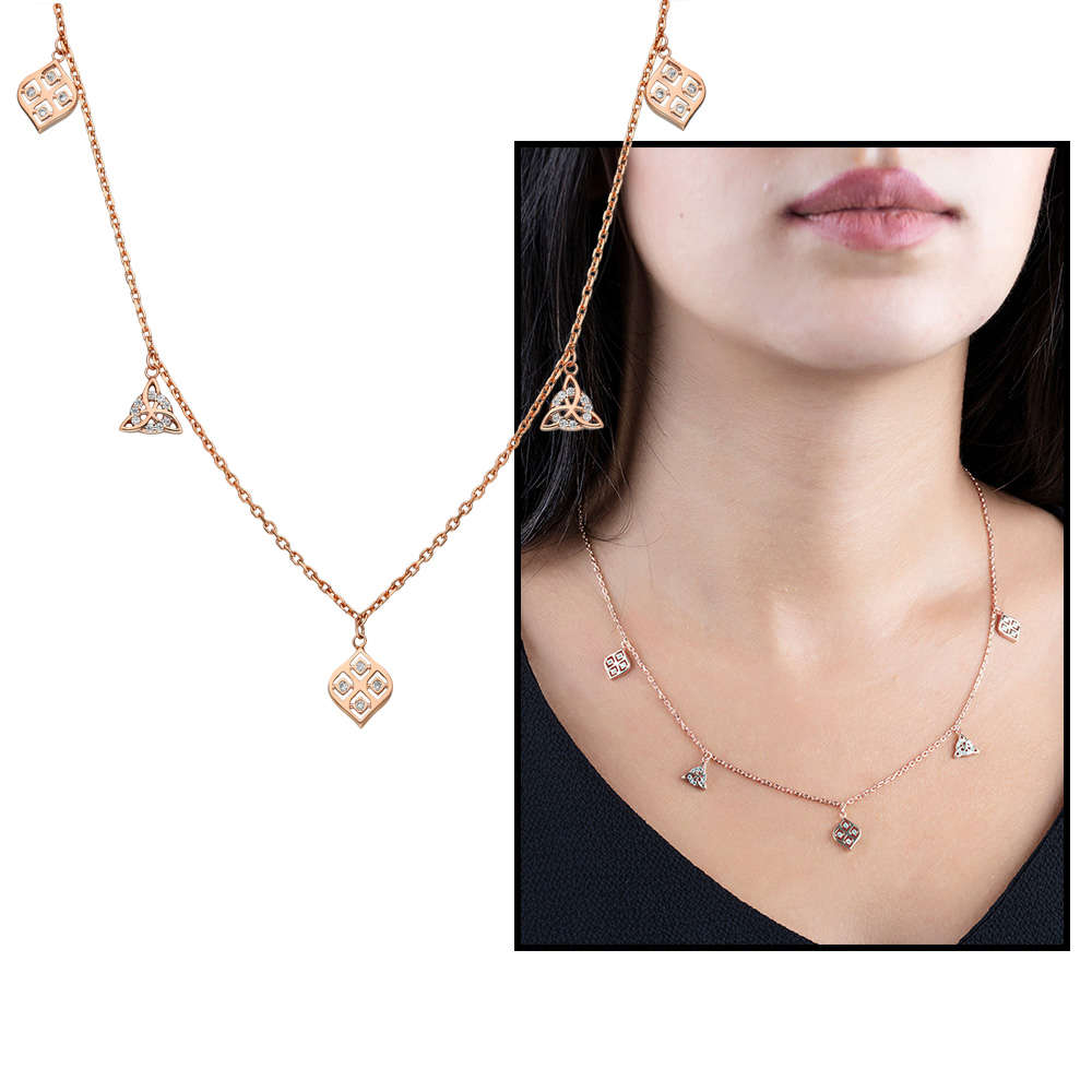 Zirkon Taşlı Geometrik Tasarım Rose Renk 925 Ayar Gümüş Şans Kolyesi - 1