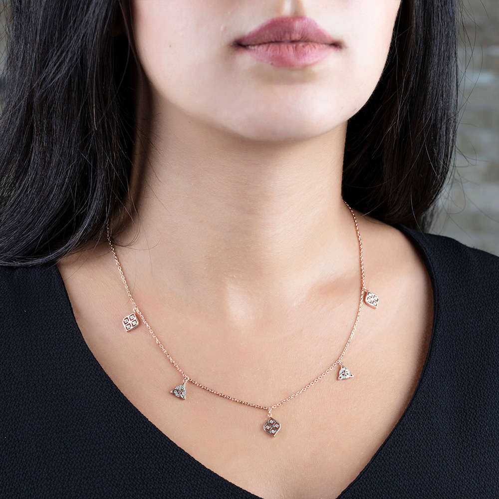 Zirkon Taşlı Geometrik Tasarım Rose Renk 925 Ayar Gümüş Şans Kolyesi - 2