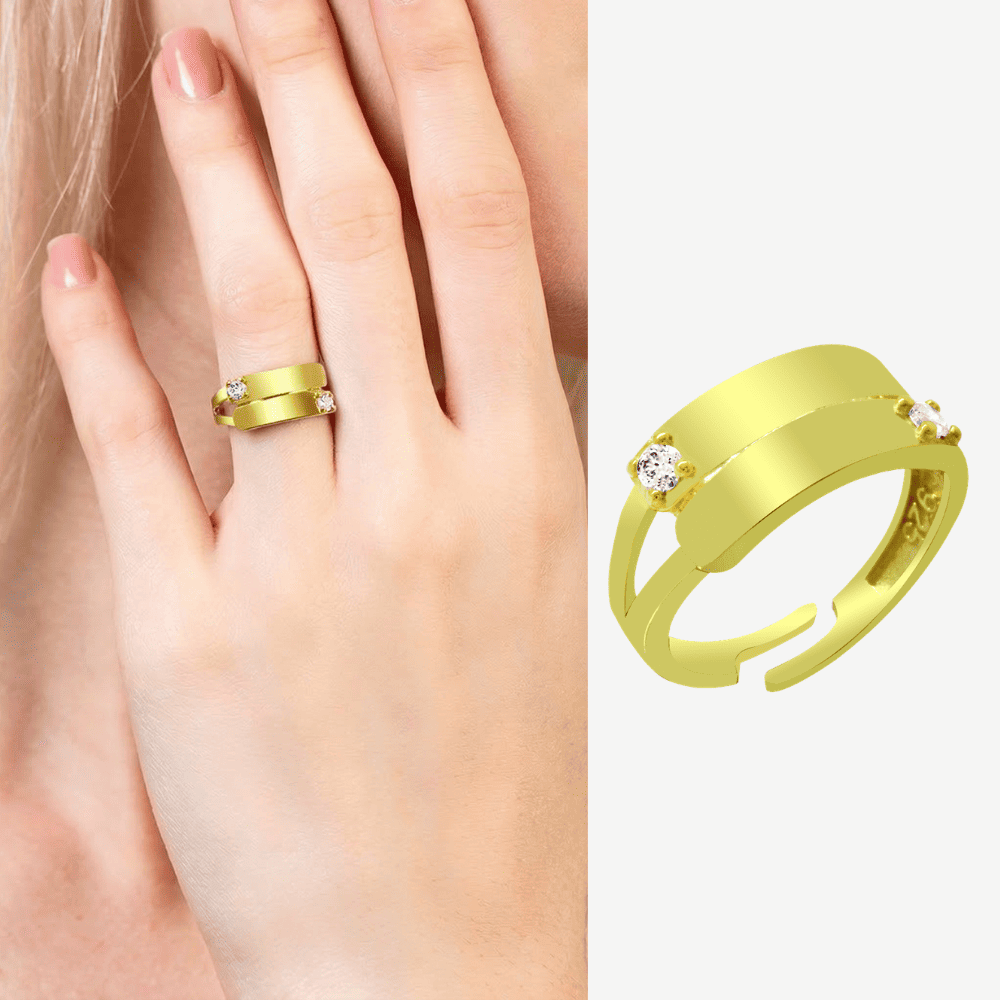 Zirkon Taşlı Altın Renk Ayarlanabilir Ölçü İsme Özel Harf Yazılı 925 Ayar Gümüş Kadın Yüzük - 1