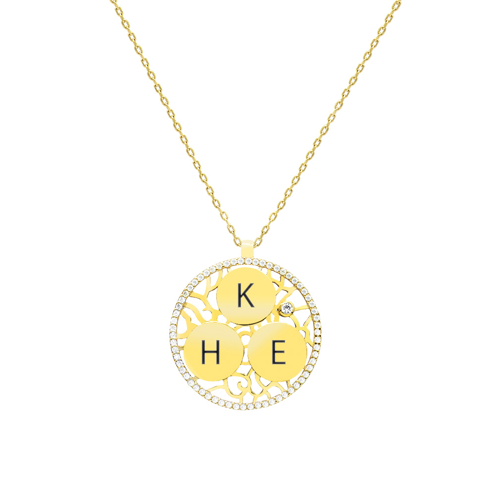 Zirkon Taşlı Altın Renk Kişiye Özel Üç İsim Veya Harf Yazılı 925 Ayar Gümüş Kadın Kolye - 1