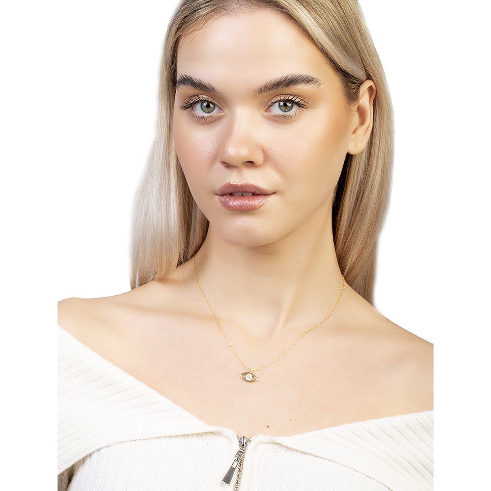 Zirkon Taşlı Göz Tasarım Altın Renk 925 Ayar Gümüş Kadın Kolye - 3