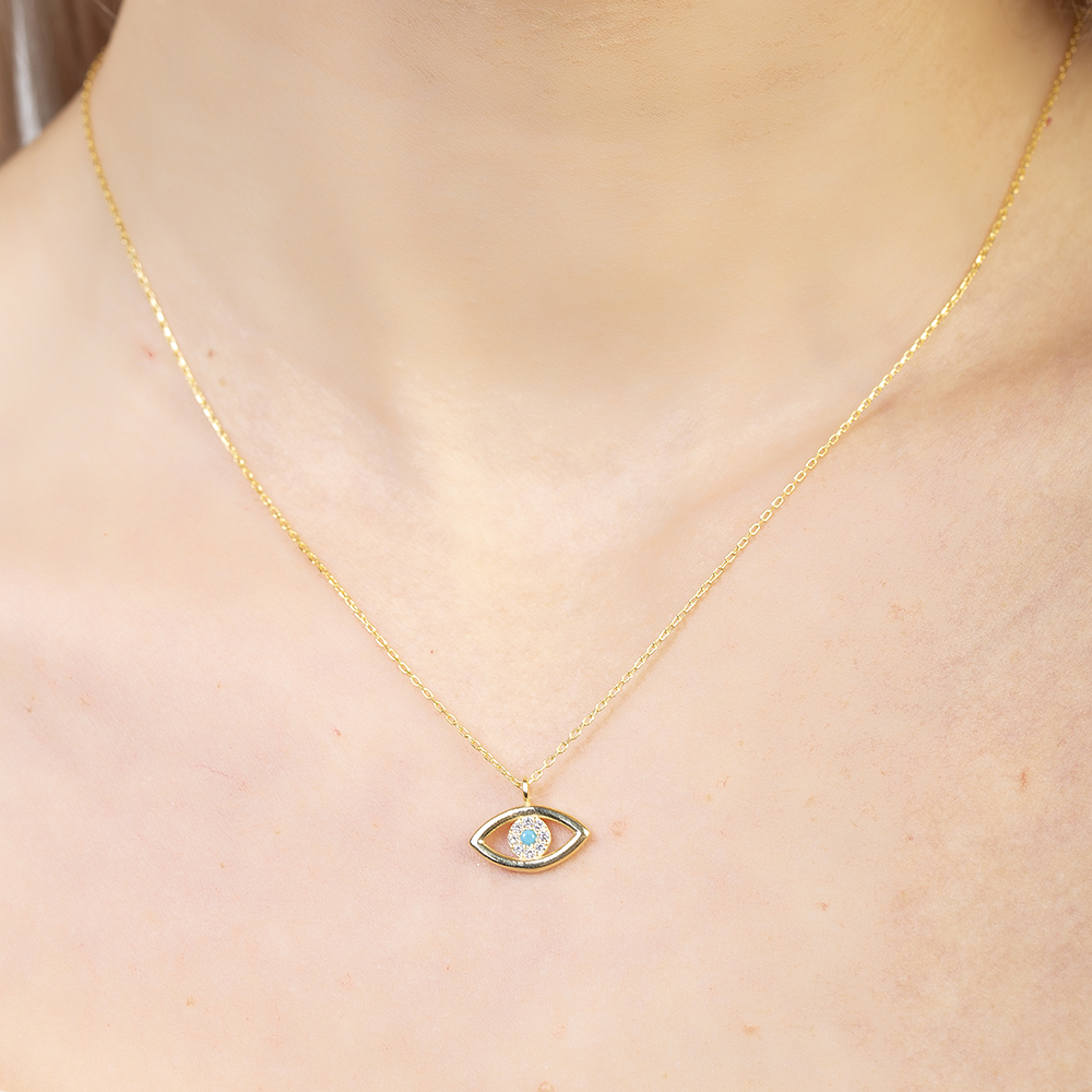 Zirkon Taşlı Göz Tasarım Altın Renk 925 Ayar Gümüş Kadın Kolye - 4