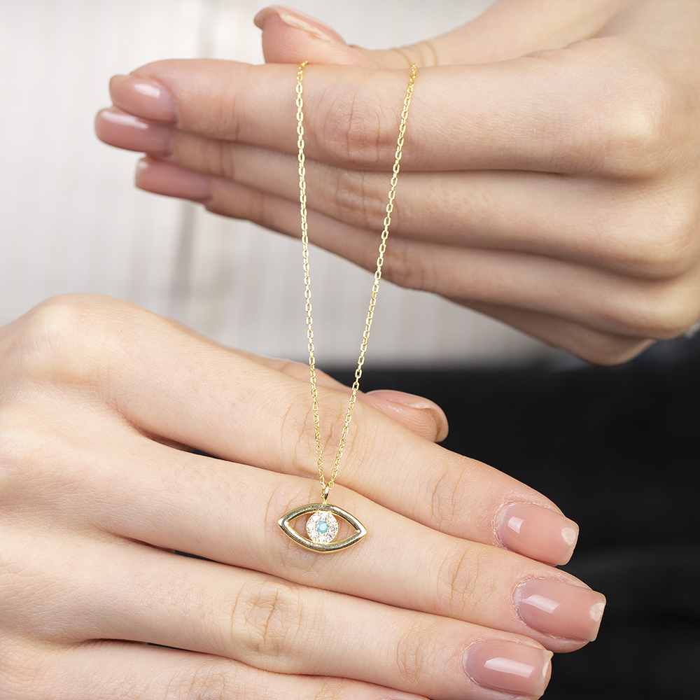 Zirkon Taşlı Göz Tasarım Altın Renk 925 Ayar Gümüş Kadın Kolye - 5