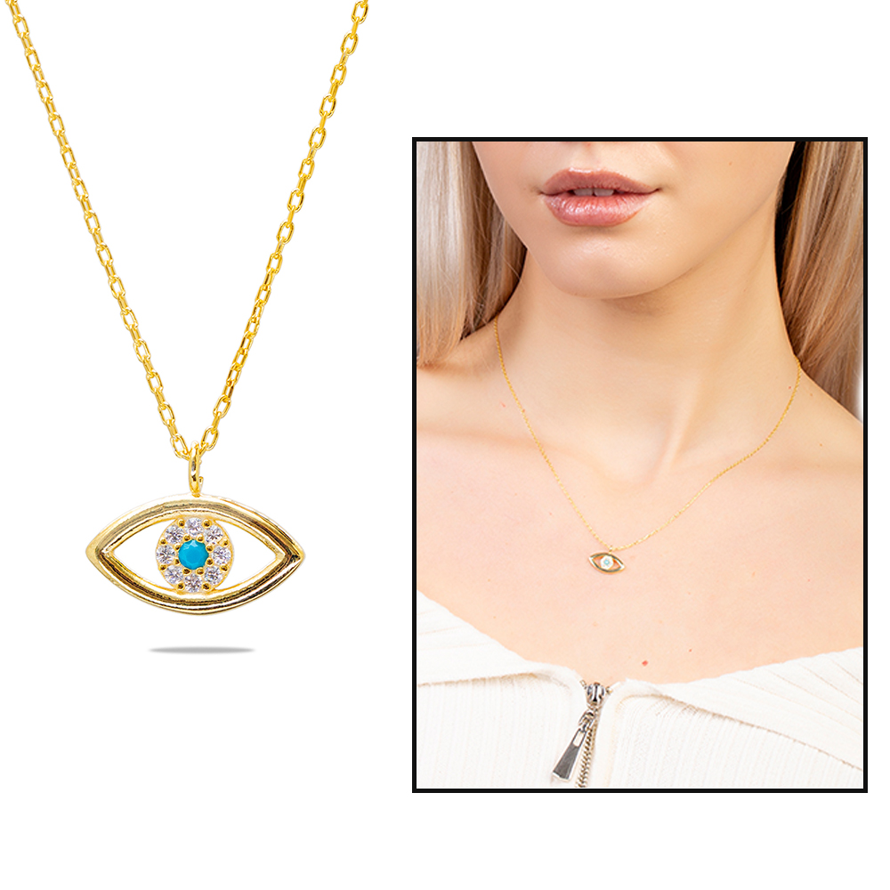 Zirkon Taşlı Göz Tasarım Altın Renk 925 Ayar Gümüş Kadın Kolye - 1