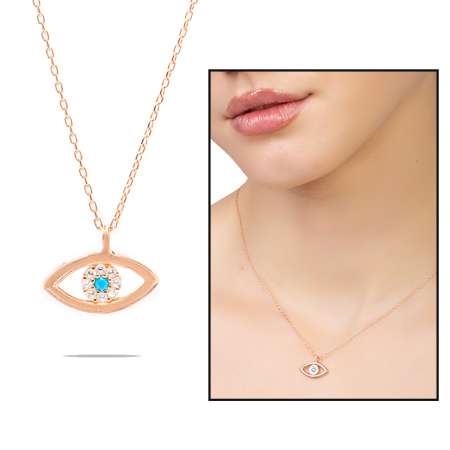 Zirkon Taşlı Göz Tasarım Rose Renk 925 Ayar Gümüş Kadın Kolye - Tesbihane