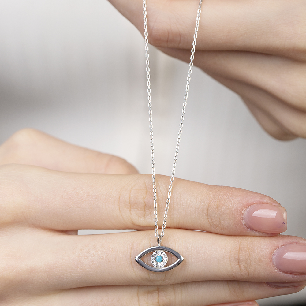 Zirkon Taşlı Göz Tasarım Gümüş Renk 925 Ayar Gümüş Kadın Kolye - 5