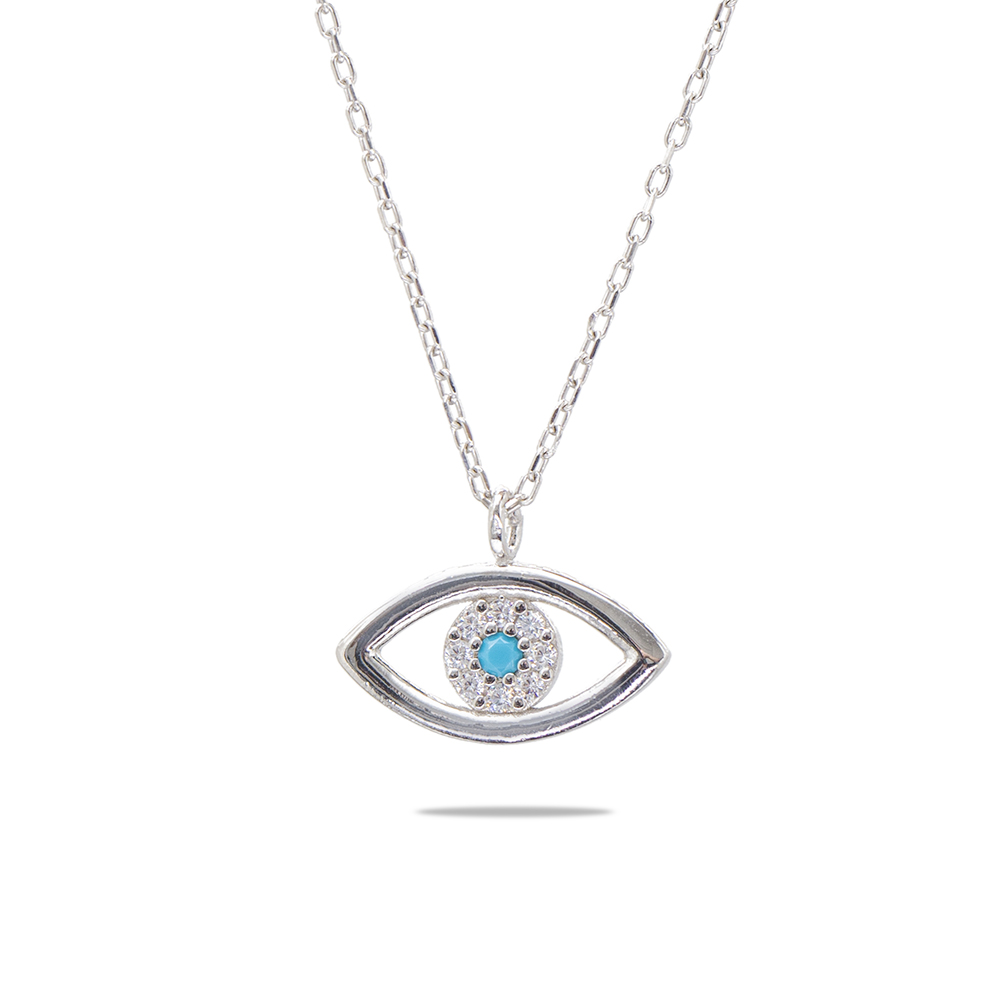 Zirkon Taşlı Göz Tasarım Gümüş Renk 925 Ayar Gümüş Kadın Kolye - 3