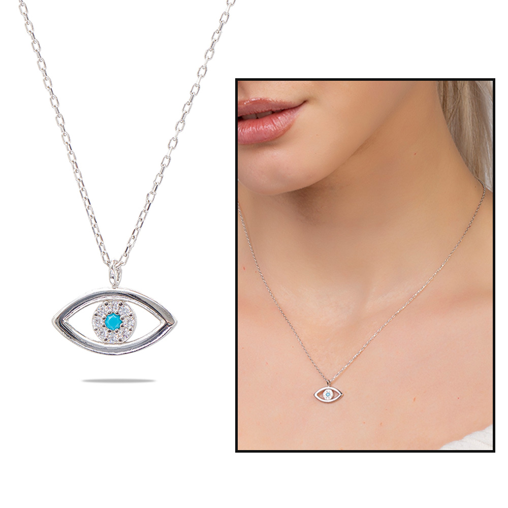 Zirkon Taşlı Göz Tasarım Gümüş Renk 925 Ayar Gümüş Kadın Kolye - 1