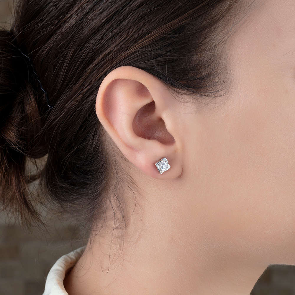 Zirkon Taşlı Gül Tasarım 925 Ayar Gümüş Küpe - M1 - 2