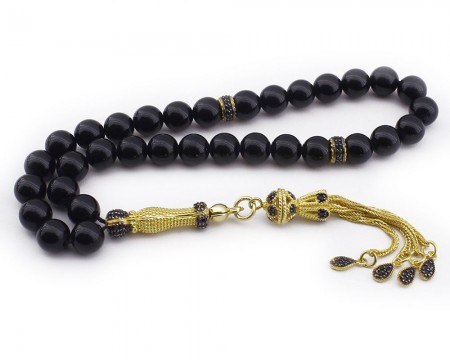 Zirkon Taşlı Gümüş Püsküllü Özel Model Oniks Doğaltaş Tesbih - Tesbihane