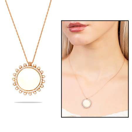 Zirkon Taşlı Güneş Tasarım Rose Renk İsme Özel Yazılı 925 Ayar Gümüş Kadın Kolye - Tesbihane