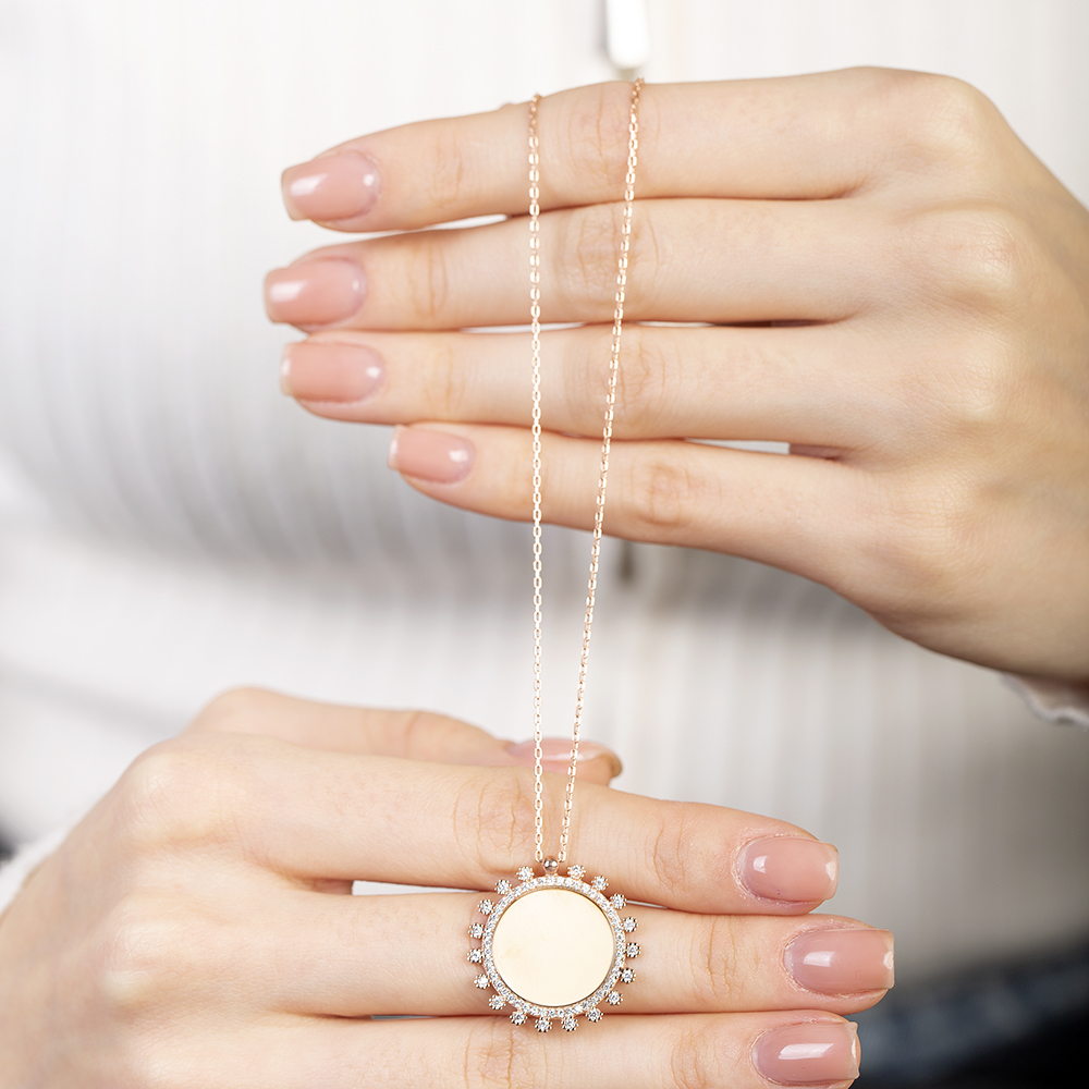 Zirkon Taşlı Güneş Tasarım Rose Renk İsme Özel Yazılı 925 Ayar Gümüş Kadın Kolye - 5