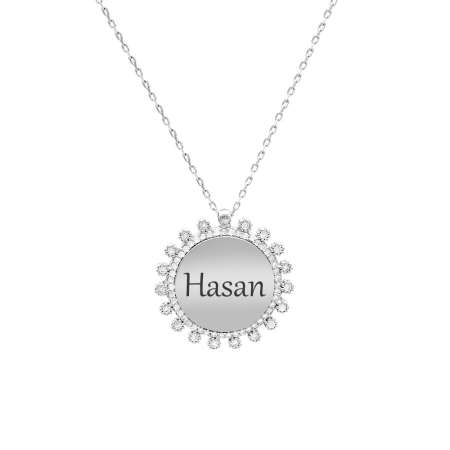 Zirkon Taşlı Güneş Tasarım Gümüş Renk İsme Özel Yazılı 925 Ayar Gümüş Kadın Kolye - Tesbihane