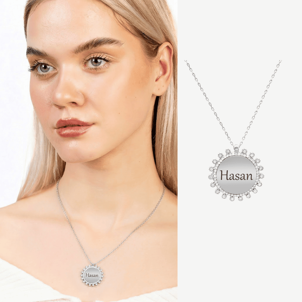 Zirkon Taşlı Güneş Tasarım Gümüş Renk İsme Özel Yazılı 925 Ayar Gümüş Kadın Kolye - 1