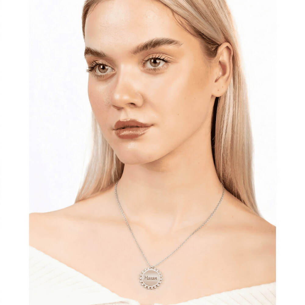 Zirkon Taşlı Güneş Tasarım Gümüş Renk İsme Özel Yazılı 925 Ayar Gümüş Kadın Kolye - 2