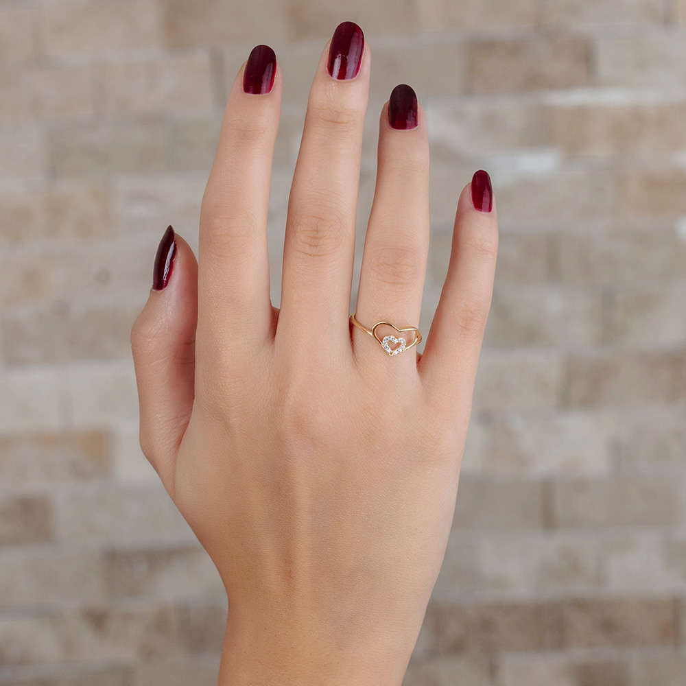 Zirkon Taşlı İç İçe Kalp Tasarım Altın Renk 925 Ayar Gümüş Bayan Yüzük - 3