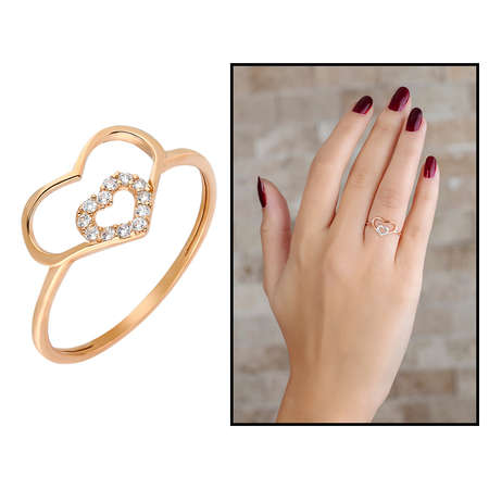 Zirkon Taşlı İç İçe Kalp Tasarım Rose Renk 925 Ayar Gümüş Bayan Yüzük - Tesbihane